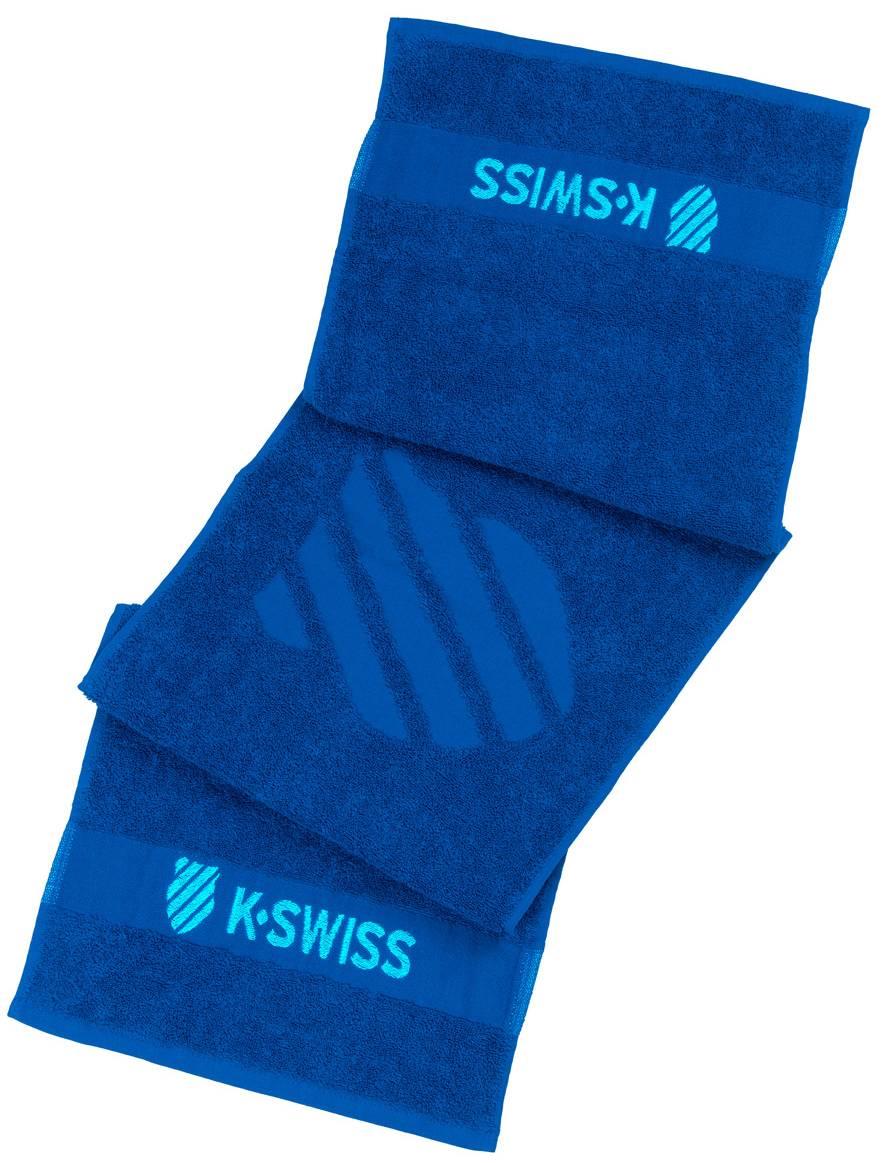Three K-Swiss 60 Year Anniversary Towels in Brunner Blue are stacked, each featuring the K-Swiss logo and name in light blue on a darker blue band—a perfect 100% cotton tennis towel for fans and players.