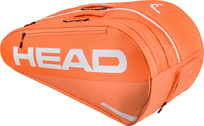 The HEAD Tour 9 Racket Badminton Bag L - Orange features a bright orange color, white HEAD logo, multiple zippered compartments, spacious main compartment, and climate control technology in a sleek, modern design.