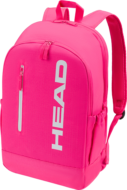 The HEAD Base 17L Badminton Backpack - Pink features "HEAD" in white, a front zip pocket, side pockets, padded shoulder straps, and a separate racket compartment.