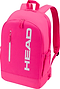 The HEAD Base 17L Badminton Backpack - Pink features "HEAD" in white, a front zip pocket, side pockets, padded shoulder straps, and a separate racket compartment.