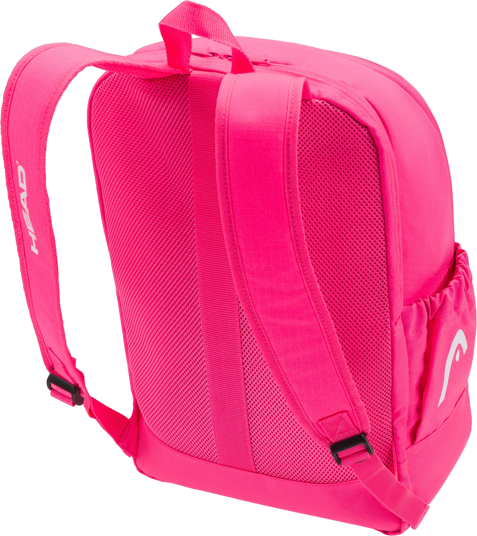 The HEAD Base 17L Badminton Backpack - Pink offers adjustable straps, a top handle, mesh side pocket, textured back panel for comfort, sturdy build, "HEAD" logo, and a dedicated racket compartment.