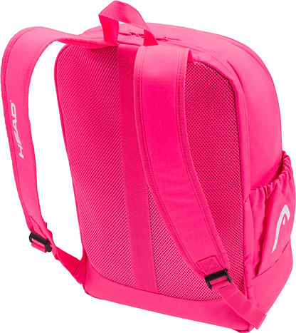 The HEAD Base 17L Badminton Backpack - Pink offers adjustable straps, a top handle, mesh side pocket, textured back panel for comfort, sturdy build, "HEAD" logo, and a dedicated racket compartment.