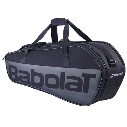The Babolat Court M 6 Racket Badminton Bag - Black, branded boldly with "Babolat," serves also as a tennis bag. It includes a racquet holder for convenience and offers both a handle and strap for easy transport.