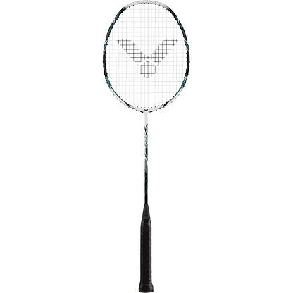 The Victor Thruster 220H II Badminton Racket in White Smoke from the Victor brand highlights a black handle paired with a white netted head featuring an elegant symmetrical logo. Its slender shaft is elegantly simple, enhanced by discreet black and white details and fitted with Powerbox technology for optimal performance.