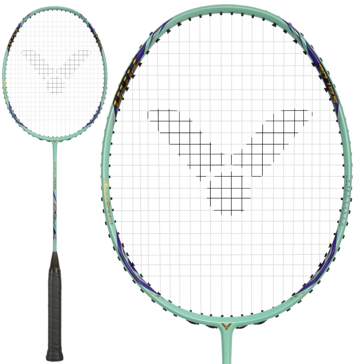 The Victor Auraspeed 7100 4U Badminton Racket by Victor, in teal with a black handle and a bold V-shaped string pattern, is featured in full view and close-up—perfect for beginners.