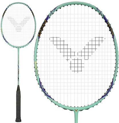 The Victor Auraspeed 7100 4U Badminton Racket by Victor, in teal with a black handle and a bold V-shaped string pattern, is featured in full view and close-up—perfect for beginners.