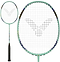 The Victor Auraspeed 7100 4U Badminton Racket by Victor, in teal with a black handle and a bold V-shaped string pattern, is featured in full view and close-up—perfect for beginners.