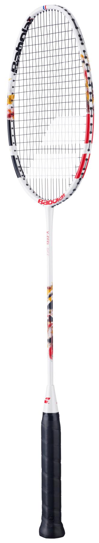 The Babolat X-Feel Rise 2026 3U Badminton Racket in white and red offers impressive power on the court, featuring a sleek design from Babolat for players seeking performance.