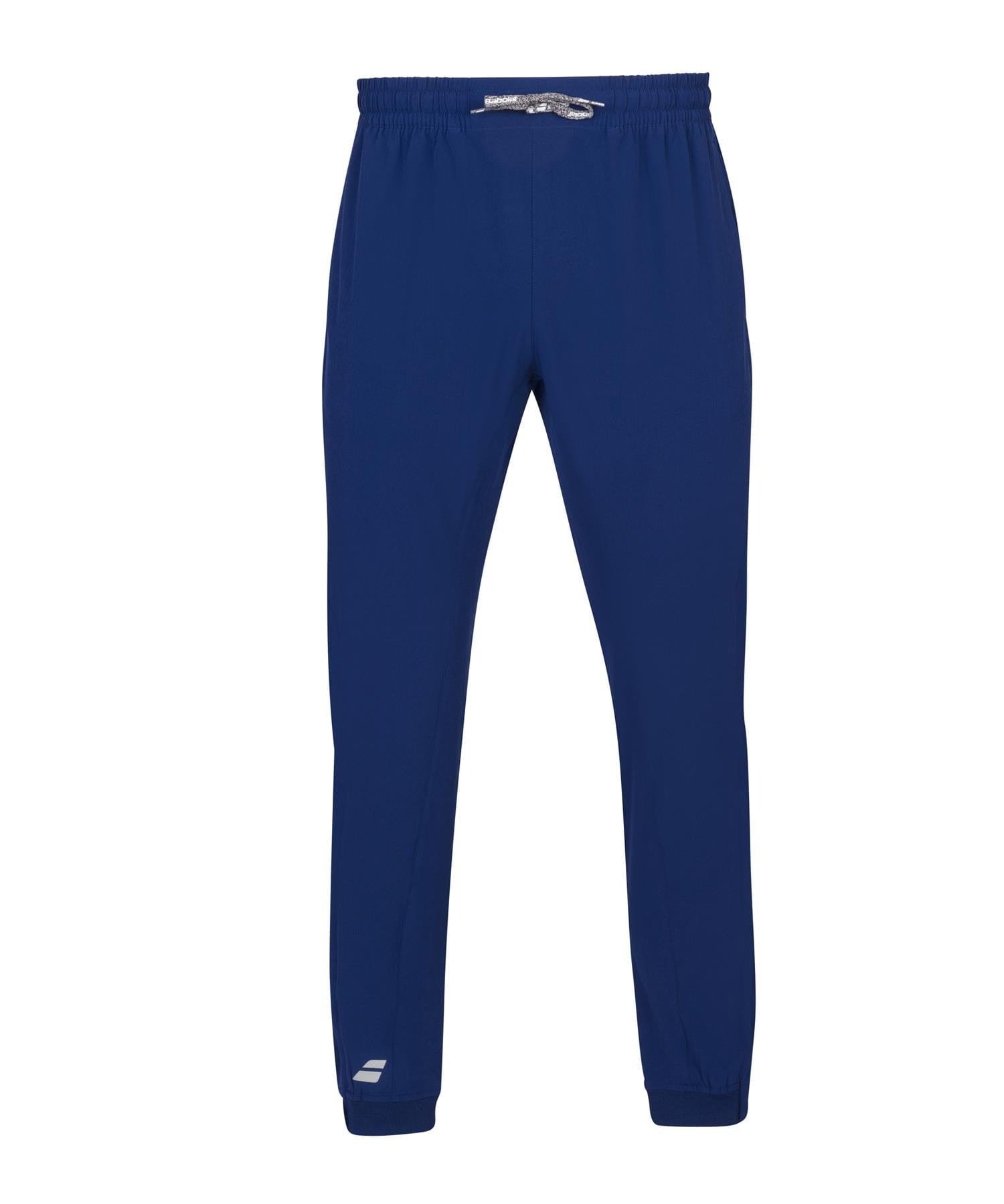 These Estate Blue Babolat Play Men's Badminton Pants feature an elastic waistband and drawstring, crafted from four-way stretch fabric for ultimate comfort. With a small logo on the lower left leg, they offer a simple athletic design that is perfect for active wear or cozy winter evenings.