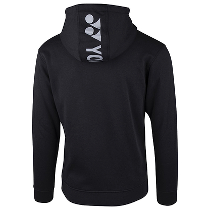 The Yonex YHD8000 Unisex Badminton Hoodie in black is displayed from the back, showcasing a stylish printed design on the hood. This hoodie combines a trendy appearance with essential UV protection.