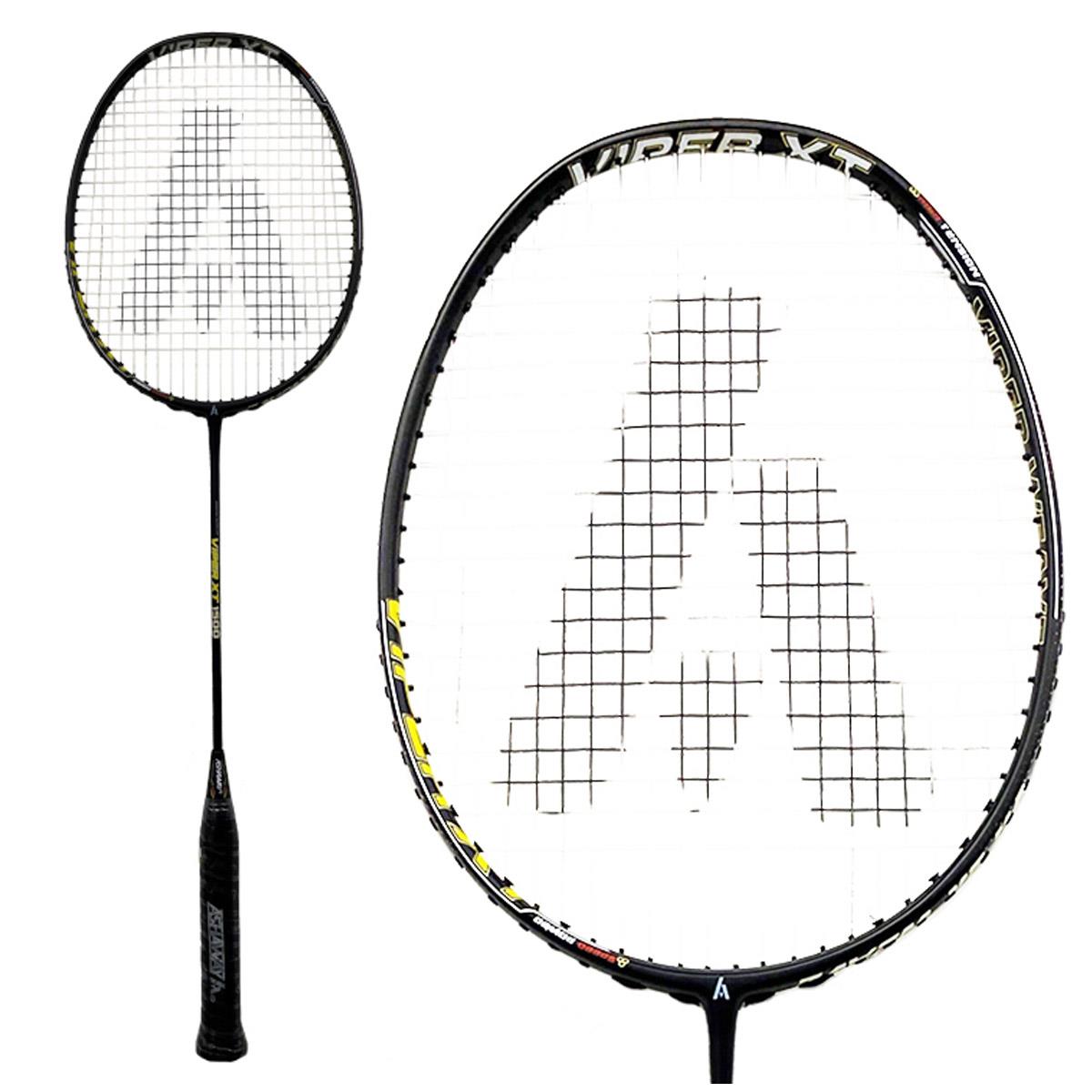 The Ashaway Viper XT-1500 Badminton Racket in black, featuring a white string bed and bold "A" logo, uses advanced Viper Weave technology for superior control and performance on the court.