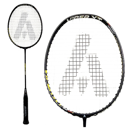 The Ashaway Viper XT-1500 Badminton Racket in black, featuring a white string bed and bold "A" logo, uses advanced Viper Weave technology for superior control and performance on the court.