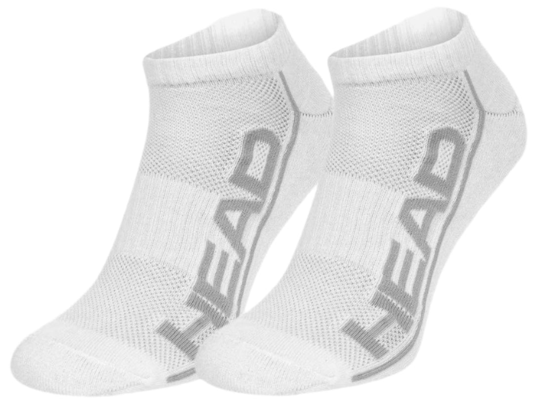 A pair of HEAD Performance Sneaker Socks in white featuring "HEAD" in gray on the side. These socks include reinforced arch support and comfort-enhancing textured stitching, with ribbed cuffs that promote optimal air circulation, set against a plain white background.