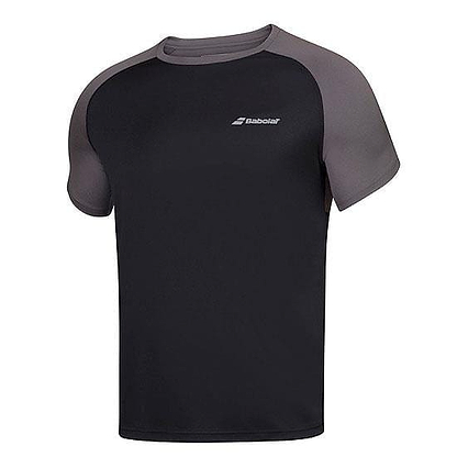 The Babolat Men's Play Crew Neck T-Shirt in Black showcases a stylish black and gray design with a round neckline. Made from Fiber Dry-polyester, it provides a slim fit and features a small logo on the upper left chest. The contrasting gray sleeves and shoulders enhance its fashionable appeal.