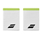 The Babolat Logo Jumbo Wristband in White/Aero features a pair of white wristbands adorned with stylized black "B" logos. These wristbands come with light green trim at the top that contrasts nicely against the white terry material, providing excellent sweat absorption. The textured surface implies a breathable design, making them perfect for athletic use.