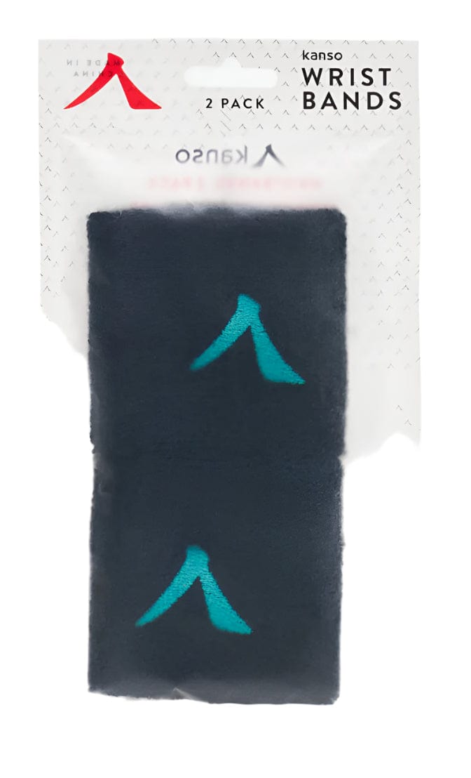 Pack of two navy Kanso Wristbands, designed for comfort with absorbent fabric and a teal symbol. Comes in clear packaging labeled "2 PACK Kanso WRISTBANDS.