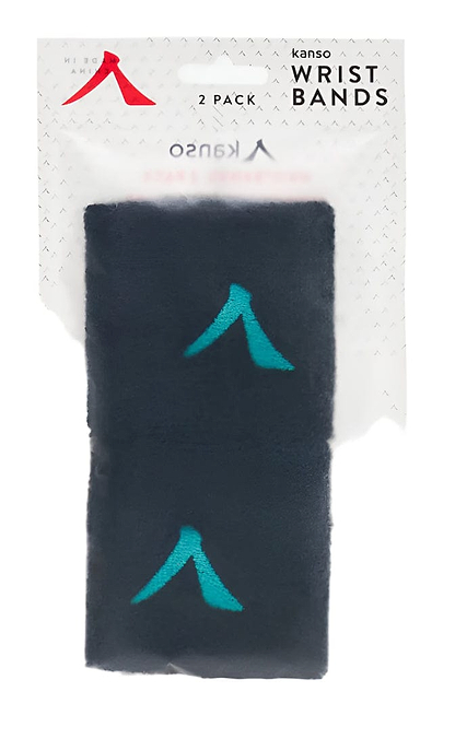 Pack of two navy Kanso Wristbands, designed for comfort with absorbent fabric and a teal symbol. Comes in clear packaging labeled "2 PACK Kanso WRISTBANDS.