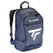The Tecnifibre Tour Endurance 2023 Badminton Backpack in Navy Blue showcases a spacious front pocket with a distinctive white logo design. Made from durable Tarpaulin fabric, it includes an ergonomic carrying system with adjustable padded straps and several zippered compartments for convenient storage, making it perfect for those seeking the quality of the Tecnifibre Tour Endurance series.