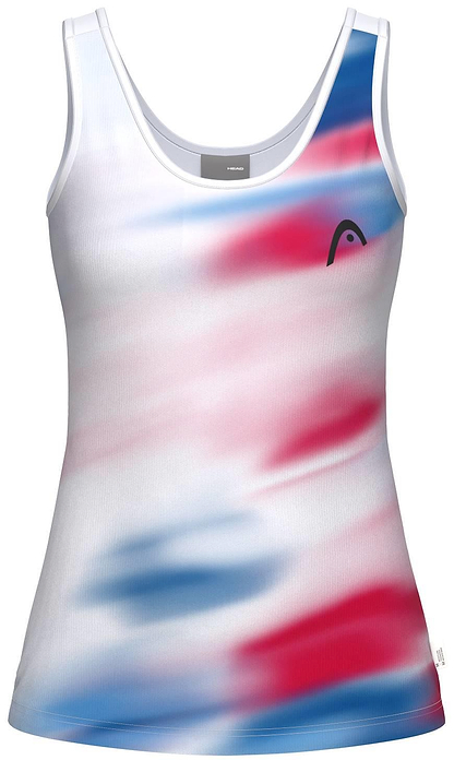 The HEAD Blur Womens Badminton Tank Top - ROXU features a sleeveless design with a blue, red, and white blended pattern and a small black logo on the chest; this moisture-wicking tank is ideal for women's sports.
