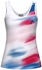 The HEAD Blur Womens Badminton Tank Top - ROXU features a sleeveless design with a blue, red, and white blended pattern and a small black logo on the chest; this moisture-wicking tank is ideal for women's sports.