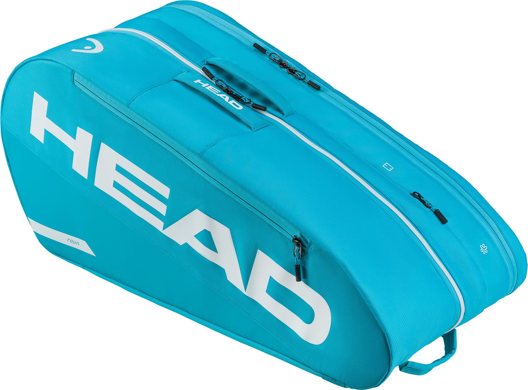 The HEAD Tour 9 Racket Badminton Bag L - Blue features multiple zippered compartments, top handle, and bold white HEAD branding on a spacious blue design.