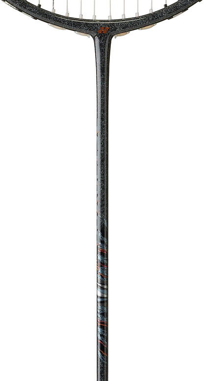 Close-up of the Yonex Astrox 99 Tour 4U Badminton Racket - Black/Green by Yonex, showing its shaft and lower head with a sleek, speckled design and green accents, engineered for superior power against a white background.