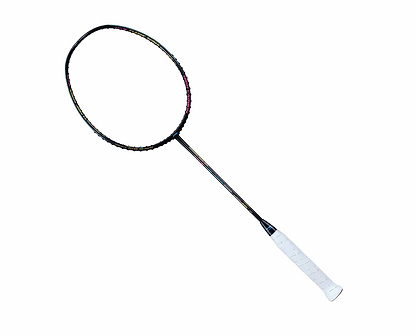 The Li-Ning Windstorm 79H 5U Badminton Racket - Black is an ultralight model with a black frame, light strings, and a white grip. It has a slender oval-shaped design featuring TB-Nano Technology and stands elegantly against a plain white background.