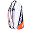 The Babolat RH6 Pure Strike 4th Gen 6 Racket Badminton Bag is a roomy white bag with black and red accents, prominently featuring the Babolat logo. Made with isothermal material, it includes several compartments and two shoulder straps for easy carrying, making it ideal for keeping your gear secure and organized.