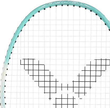 Close-up of a Victor Thruster Ryuga Sport R 3U Badminton Racket in green, featuring black strings with a "V" pattern, ideal for beginner to intermediate players.