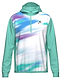 The HEAD Topspin Mens Badminton Hoodie - TQXU by HEAD features moisture-wicking fabric, aqua sleeves and hood, a white base with abstract pastel blue, teal, and purple streaks, plus a small black logo on the left chest for sporty style.