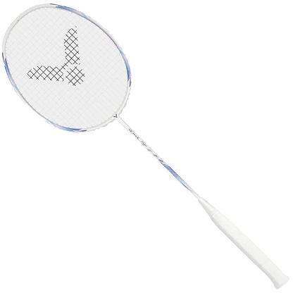 The Victor DriveX 7SP AJ 4U Badminton Racket by Victor features a white/purple design, slim shaft, and round head with a black "V" string pattern—offering versatility for players of all levels.