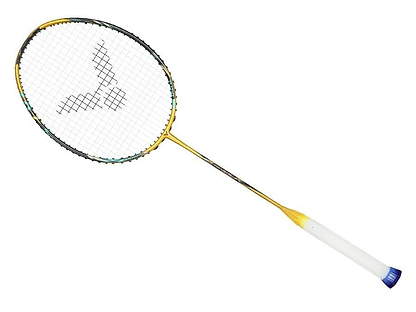 A gold Victor Thruster F C Ultra X badminton racket from Victor, designed for power and control with a white grip, photographed on a plain white background.
