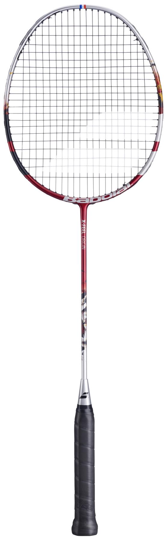 The Babolat X-Feel Origin 2026 3U Badminton Racket in white and red stands upright against a white background, showcasing its sleek design and Babolat craftsmanship for powerful performance with every swing.