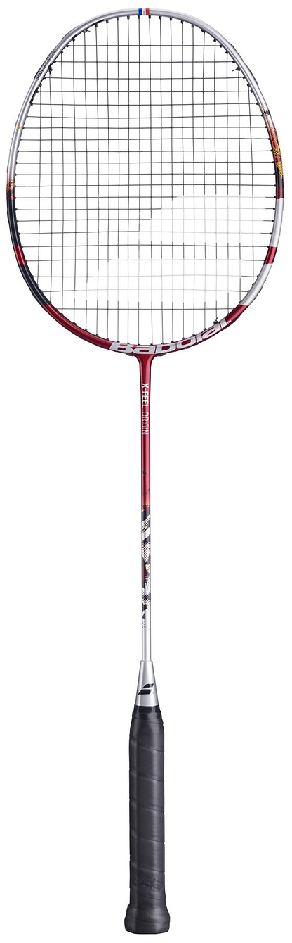 The Babolat X-Feel Origin 2026 3U Badminton Racket in white and red stands upright against a white background, showcasing its sleek design and Babolat craftsmanship for powerful performance with every swing.