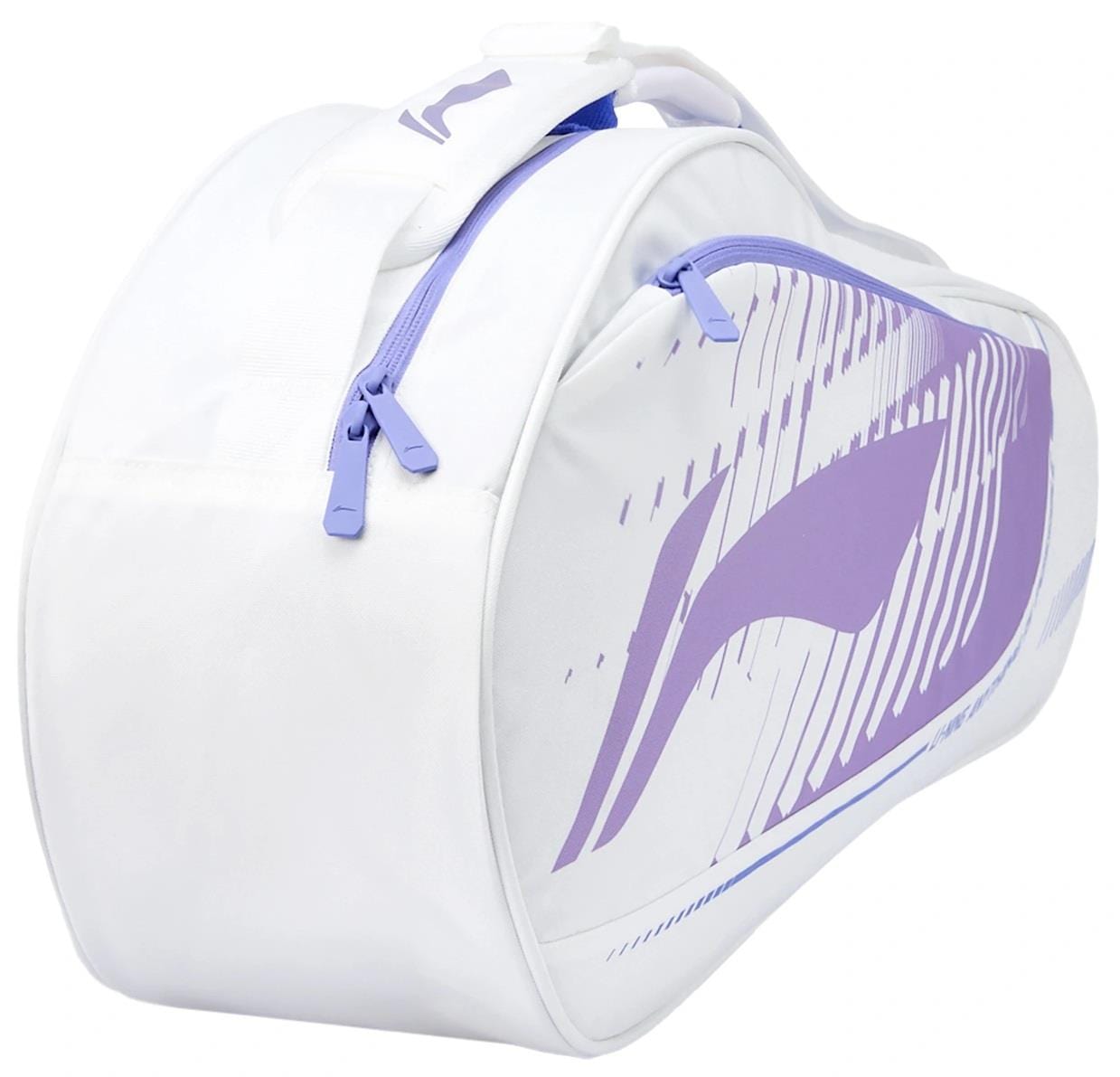 The Li-Ning Training Series 3 Racket Badminton Bag in white with purple accents is ideal for carrying your racket, featuring a stylish abstract side pattern and shown against a plain background.