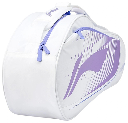 The Li-Ning Training Series 3 Racket Badminton Bag in white with purple accents is ideal for carrying your racket, featuring a stylish abstract side pattern and shown against a plain background.