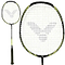 The Victor WaveTec Magan 5 Badminton Racket by Victor boasts a stylish black and yellow graphite composite frame and handle. The strings create a distinctive pattern featuring the brand's logo in the center, with the image offering an in-depth close-up of the racket head as well as a comprehensive view of this remarkable product.