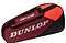 The Dunlop CX Performance 3 Badminton Racket Bag in a black and red color scheme is displayed. It includes an orange top section, the Dunlop logo in white letters on the side, and an adjustable shoulder strap for convenient carrying.