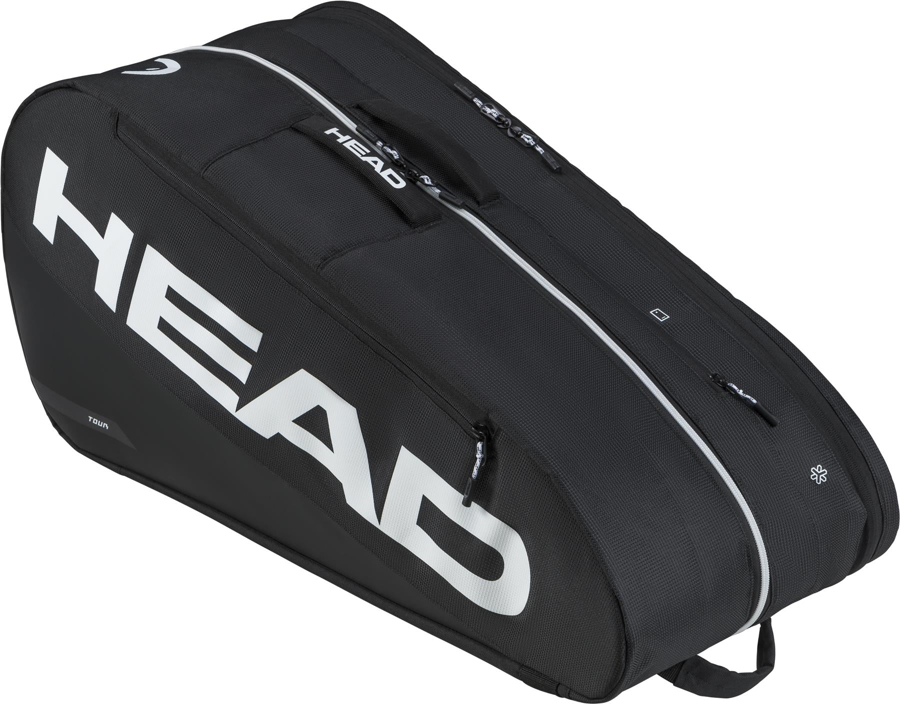 The HEAD Tour 9 Racket Badminton Bag L - Black features a white logo, large main compartment, CCT+ climate control, zipper closures, and a side handle—ideal for carrying and protecting your rackets and gear.