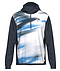 The HEAD Topspin Mens Badminton Hoodie - NVXU by HEAD features blue, white, and black abstract patterns on the front, dark sleeves and hood, a short zipper, moisture-wicking microfibre fabric, and a small left chest logo.