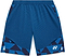 The Yonex 15240YX Knit Men's Badminton Shorts in Indigo Blue feature a geometric pattern, elastic waistband, side pockets, quick-dry fabric, and a white Yonex logo on the lower left leg.