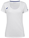 Introducing the Babolat Play Women's Badminton Cap Sleeve Top in white. This stylish top, designed by Babolat, exudes elegance with its scoop neckline and interior blue collar trim. Made from Fiber Dry polyester, it boasts small blue logos on the front and sleeve, making it ideal for fans of Babolat Play.