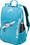 The HEAD Tour 25L Badminton Backpack - Blue features black and white accents, a front zipper pocket for your smartphone, a side mesh pocket for a stainless steel water bottle, and padded shoulder straps for comfort.