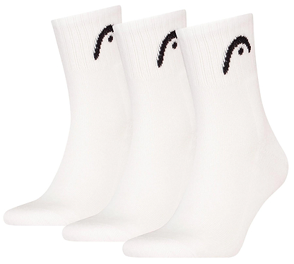 The HEAD Club Short Crew Badminton Socks - White (3 Pack) feature a small black curve design near the top, cushioned soles, and are displayed upright side by side against a white background.