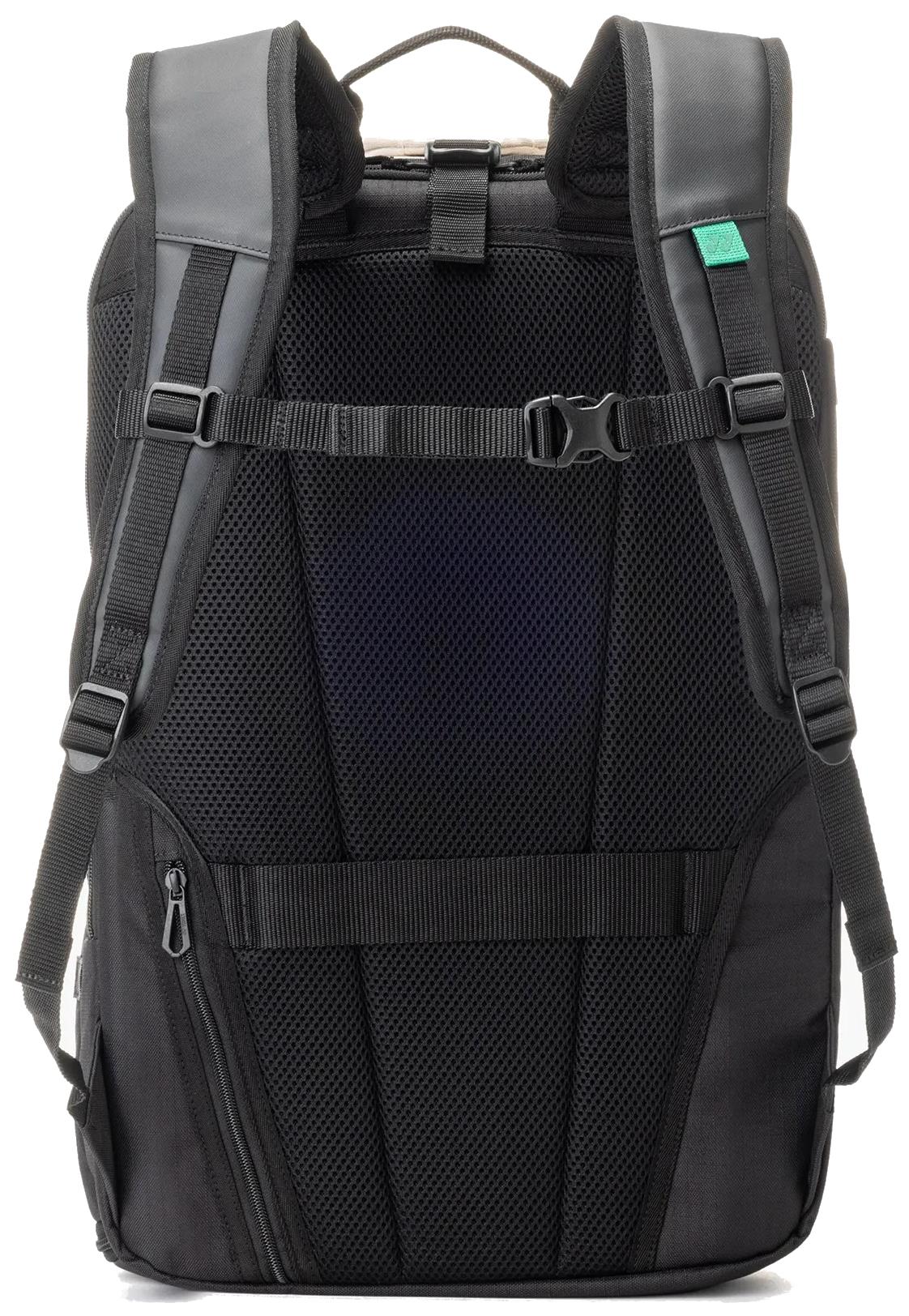 The Yonex BA72612EX Gearlogic Badminton Backpack in beige, shown from the back, features padded shoulder straps, chest buckle, mesh back panel, zipper pockets, and adjustable straps.