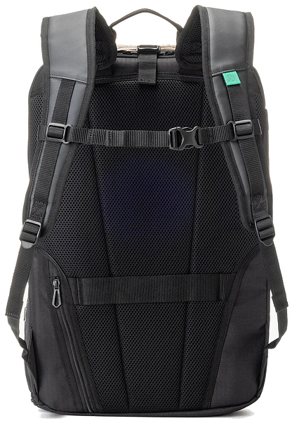 The Yonex BA72612EX Gearlogic Badminton Backpack in beige, shown from the back, features padded shoulder straps, chest buckle, mesh back panel, zipper pockets, and adjustable straps.