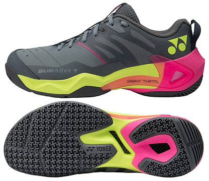 Two views of the Yonex Subaxia GT WIDE Unisex Badminton Shoes in grey: a side view with neon pink and yellow accents, and a sole view featuring black and neon yellow tread, "YONEX" branding, and Power Cushion Rev for comfort.