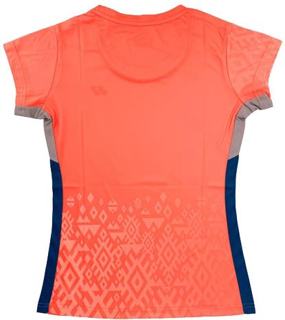 The Yonex YTL11 Women's Badminton T-Shirt - Sunset features short sleeves, a coral-pink hue, geometric lower-back patterns, dark blue side panels, light gray sleeve accents, and lightweight quick-drying performance fabric.