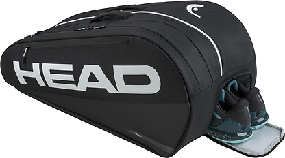 The HEAD Tour 9 Racket Badminton Bag L - Black by HEAD features multiple compartments with CCT+ climate control, white accents and logo, and is shown holding a pair of black and teal athletic shoes.