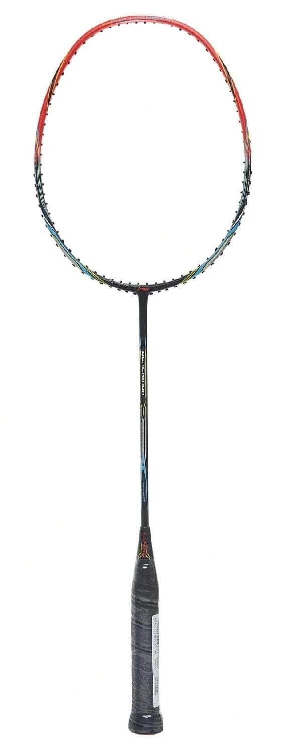 The Li-Ning Black Iron 4U Badminton Racket - Fire Red features a sleek black design with a red and black gradient frame, crafted from high-grade carbon. Its handle has a black grip, and the shaft is enhanced with colorful accents on a white background.